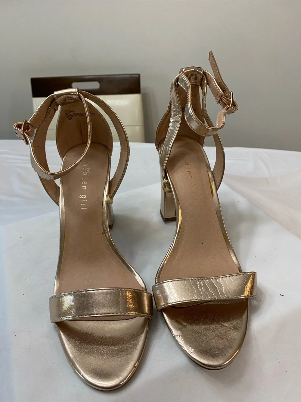 Madden Girl Metallic Gold Strappy Ankle‑Strap Heels